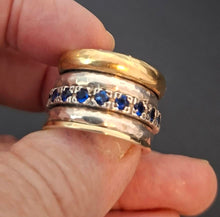 Load image into Gallery viewer, Sapphire Z Ring 6.5, 7 Heavy Swivel Yellow Gold 925 Silver Hadar Designers(SN)y