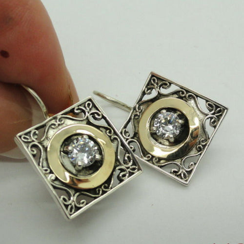 Zircon Earrings Sterling Silver 9K gold Handmade Hadar Designers (S 110)