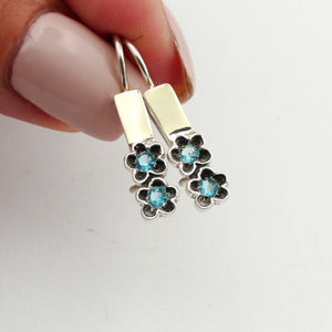 Hadar Designers Blue Topaz Earrings floral 9k Gold 925 Sterling Silver (s 1121)