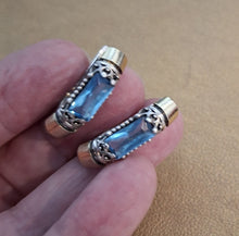 Load image into Gallery viewer, Blue Topaz Z Filigree Earrings 9k Yellow Gold Sterling Silver Hadar Designers()L