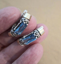 Load image into Gallery viewer, Blue Topaz Z Filigree Earrings 9k Yellow Gold Sterling Silver Hadar Designers()L