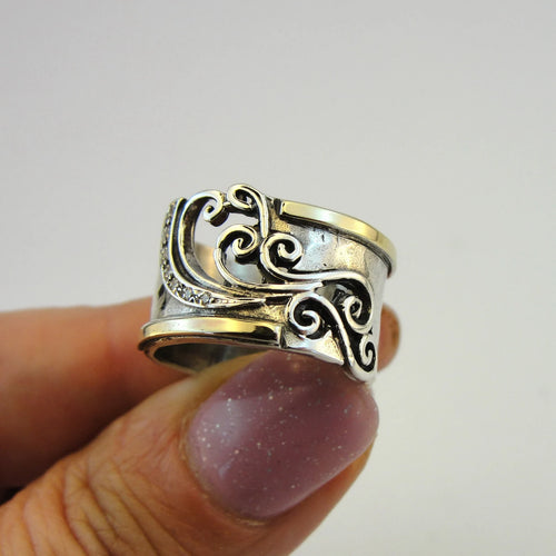 Hadar Designers Filigree Ring 9k Yellow Gold 925 Silver sz 6,7,8,9, Handmade (Ms