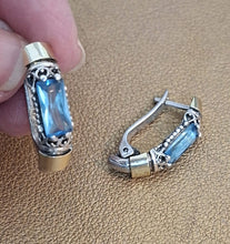 Load image into Gallery viewer, Blue Topaz Z Filigree Earrings 9k Yellow Gold Sterling Silver Hadar Designers()L