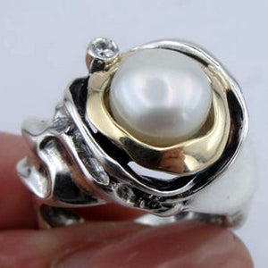 Hadar Designers 9k Yellow Gold 925 Silver White Pearl Ring sz 7,8,9,10 Handmade