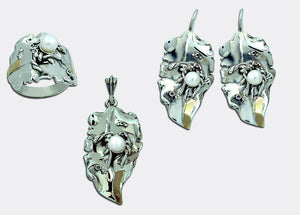 Hadar Designers Pearl Pendant 9k Yellow Gold 925 Silver Art Leaf Handmade (NS)Y