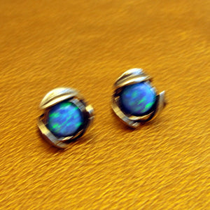 Hadar Designers Blue Opal Stud Earrings Floral Handmade Sterling Silver (gr)