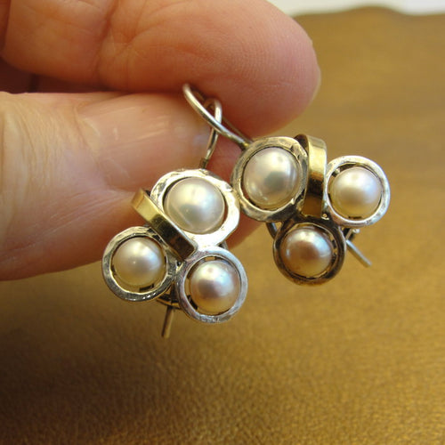 Hadar Designers White Pearl Earrings 9k Yellow Gold Sterling Silver (ms 350) y