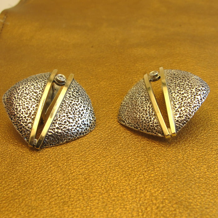 Hadar Designers Earrings 9K Yellow Gold Sterling Silver Zircon Handmade Art (MS)