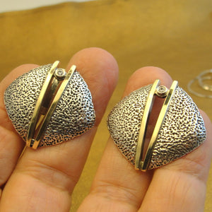 Hadar Designers Earrings 9K Yellow Gold Sterling Silver Zircon Handmade Art (MS)