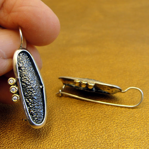 Hadar Designers Black Lava Earrings 925 Sterling Silver Zircon Handmade Long (MS