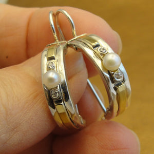 Hadar Designers White Pearl Zircon Earrings 9k Yellow Gold Sterling Silver (ms)