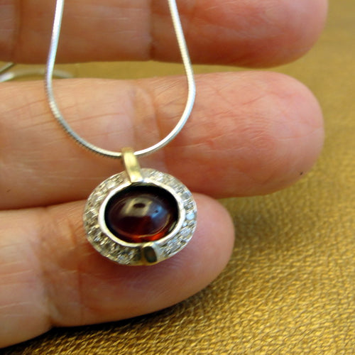 Hadar Designers Red Garnet Pendant zircon 9k Yellow Gold 925 Silver Handmade (ms