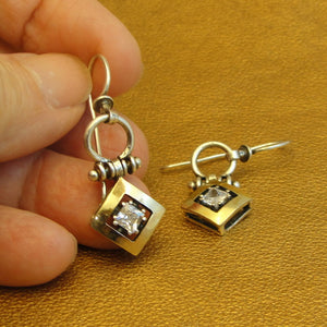 Hadar Designers White Zircon Earrings 9k Yellow Gold Sterling Silver Handmade(MS