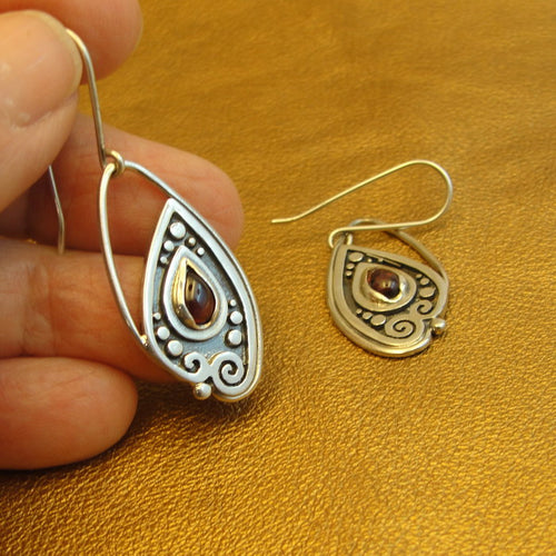 Hadar Designers Red Garnet Drop Earrings Handmade 925 Sterling Silver (ms 1912)