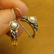 Load image into Gallery viewer, Hadar Designers White Pearl Earrings J Hoop 9k Yellow Gold Sterling Silver (ms)y