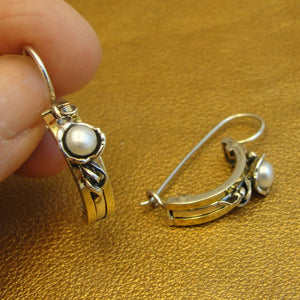 Hadar Designers White Pearl Earrings J Hoop 9k Yellow Gold Sterling Silver (ms)y