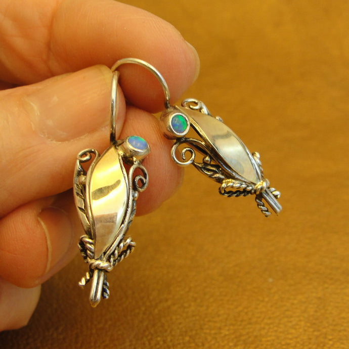 Hadar Designers Opal Earrings 9k Yellow Gold 925 Silver Handmade Artistic ()Last