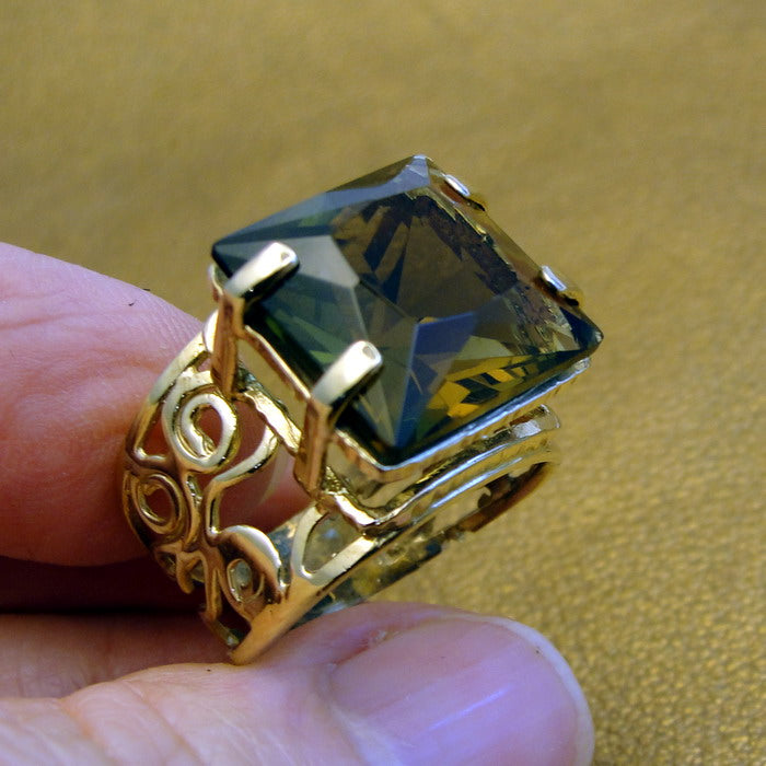 Hadar Designers 9k Yellow Gold Smokey Topaz Ring size 7.5, 8 Handmade Art ()LAST