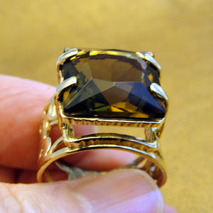 Hadar Designers 9k Yellow Gold Smokey Topaz Ring size 7.5, 8 Handmade Art ()LAST