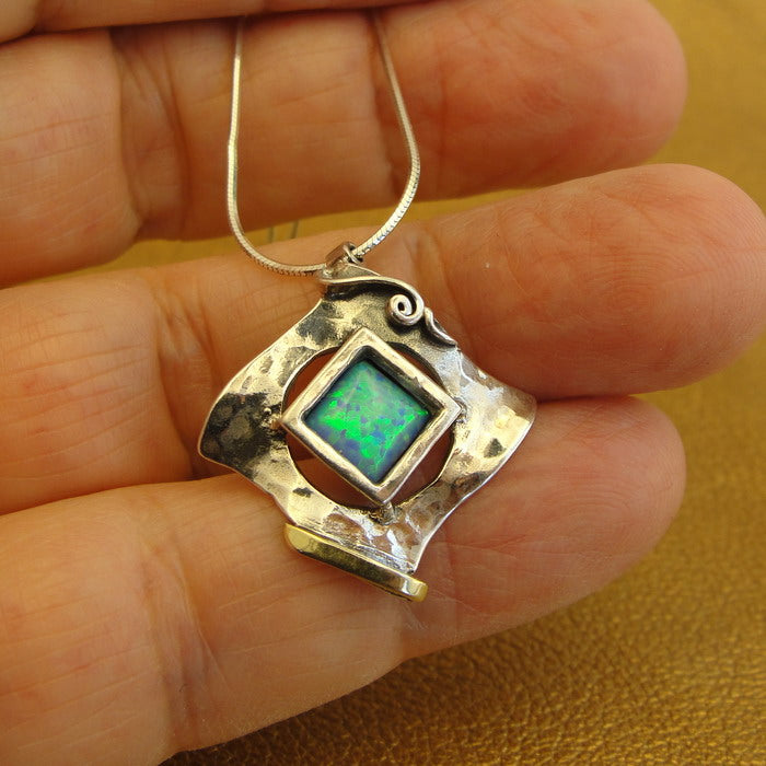 Hadar Designers Blue Opal Pendant 9k Yellow Gold 925 Silver Handmade Art (ms 351
