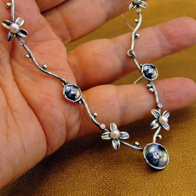 Hadar Designers Pearl Zircon Necklace 925 Sterling Silver Artist Handmade (MS) y