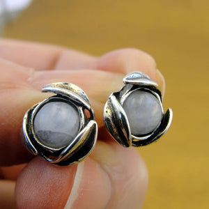 Hadar Designers Stud Earrings Floral Handmade Sterling Silver Green cz Stone (gr