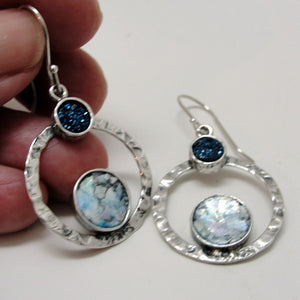 Roman Glass Earrings Blue Druzi 925 Sterling Silver Hadar Designers (as 404712)