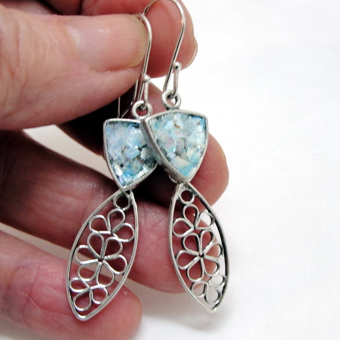 Antique Roman Glass Earrings 925 Sterling Silver Art Hadar Designers (as 417214)