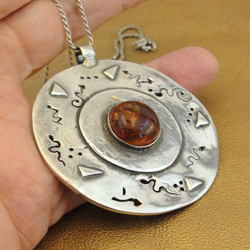 Large Baltic Amber Pendant 925 Sterling Silver Handmade Hadar Designers (H)y