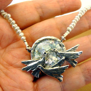 Antique Roman Glass Birds Pearl Necklace 925 Sterling Silver Hadar Designers (as