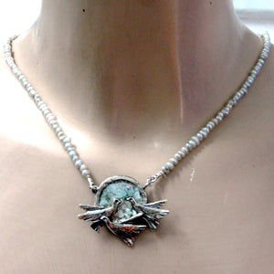 Antique Roman Glass Birds Pearl Necklace 925 Sterling Silver Hadar Designers (as