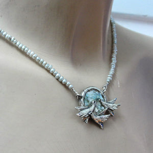 Antique Roman Glass Birds Pearl Necklace 925 Sterling Silver Hadar Designers (as