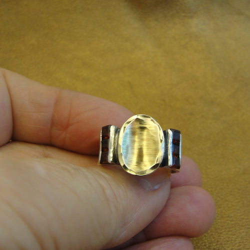 Hadar Designers Garnet cz Ring 9k Brushed yellow Gold 925 Silver 7,8,9,10 (ms)y