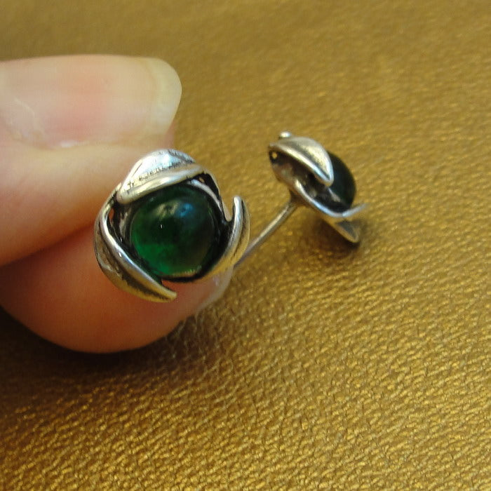 Hadar Designers Stud Earrings Floral Handmade Sterling Silver Green cz Stone (gr