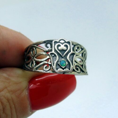 Hadar Designers Blue Opal Hamsa filigree 925 Silver Ring sz 7.5 Handmade ( )LAST