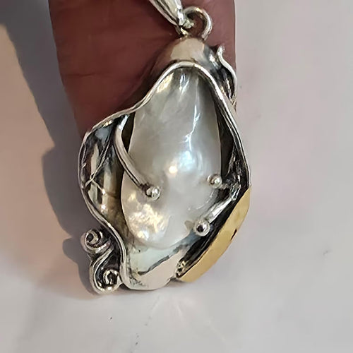 Hadar Designers 9k Yellow Gold 925 Silver Pearl Pendant Artistic Handmade (MS