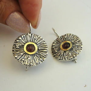 Hadar Designers Red Garnet Earrings 9k Yellow Gold Sterling Silver (ms 1637)y