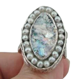 Roman Glass Pearl Ring Oval 6,7,8,9 sterling silver Handmade Hadar Designers (as