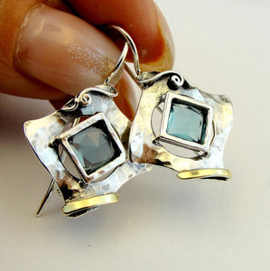 Hadar Designers Blue Topaz Earrings 9k Yellow Gold 925 Sterling Silver (ms 351)y