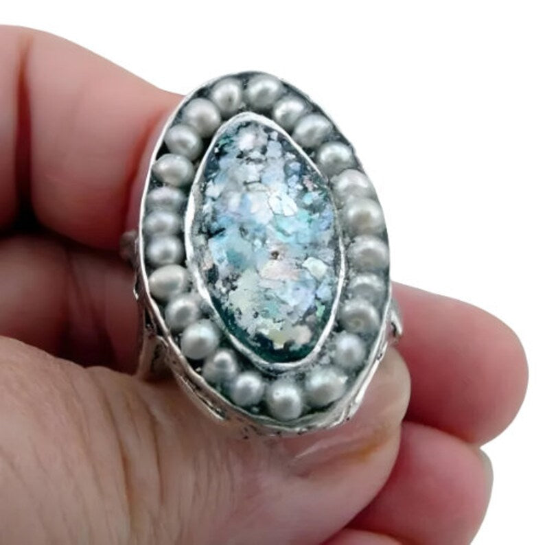 Roman Glass Pearl Ring Oval 6,7,8,9 sterling silver Handmade Hadar Designers (as