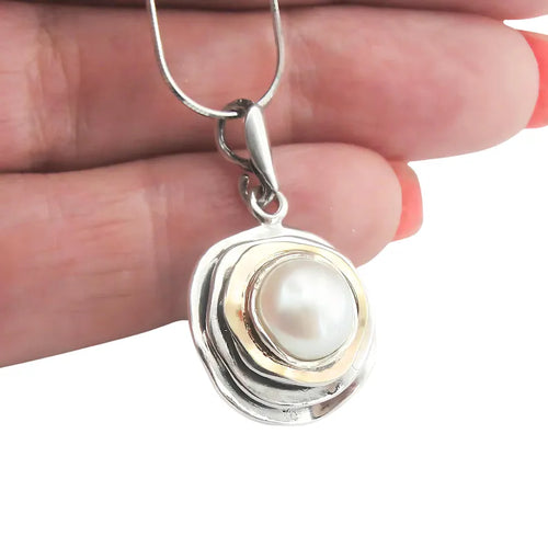 Hadar Designers 9k Yellow Gold Sterling Silver Pearl Pendant Handmade (ms)