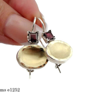 Hadar Designers Earrings 9k Brushed yellow Gold Sterling Silver Garnet(ms 1252)y