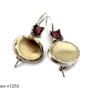 Hadar Designers Earrings 9k Brushed yellow Gold Sterling Silver Garnet(ms 1252)y