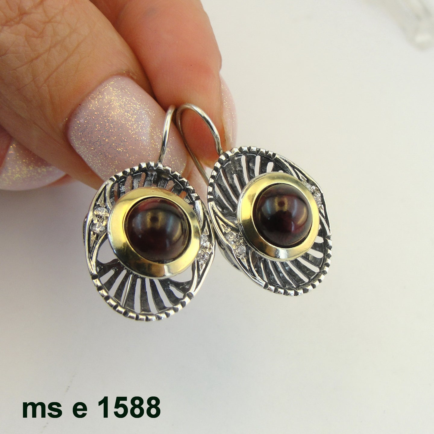 Hadar Designers Red Garnet Earrings 9k Yellow Gold 925 Sterling Silver (ms 1588)