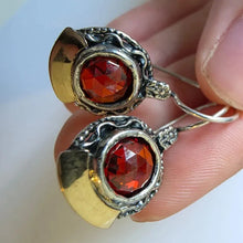 Load image into Gallery viewer, Red Orange Zircon Earrings 9k Yellow Gold Sterling Silver Hadar Designers ()Last