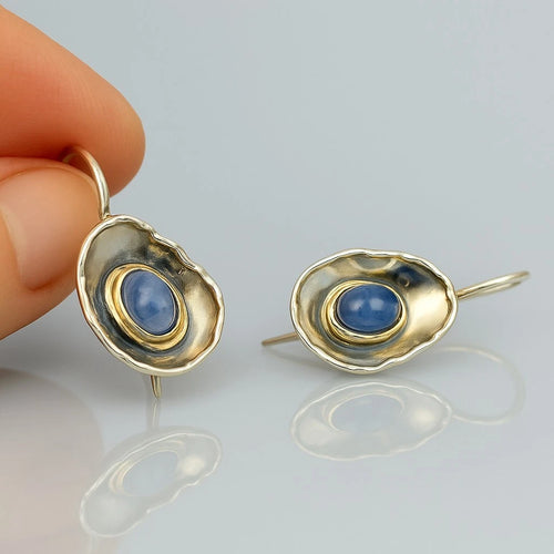 Hadar Designers Blue Kyanite Earrings 9k Yellow Gold Sterling Silver (ms 1471)y