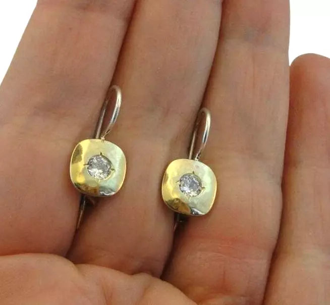 White Zircon 9k Yellow Gold Sterling Silver Earrings Handmade Hadar Designers(MS