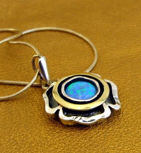 Hadar Designers Blue Opal Pendant 9k Yellow Gold 925 Silver Handmade (MS 1324)y