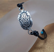 Load image into Gallery viewer, Leather Bracelet Hamasa + Hebrew Script Mazal Tov 925 Silver Hadar Designers (as