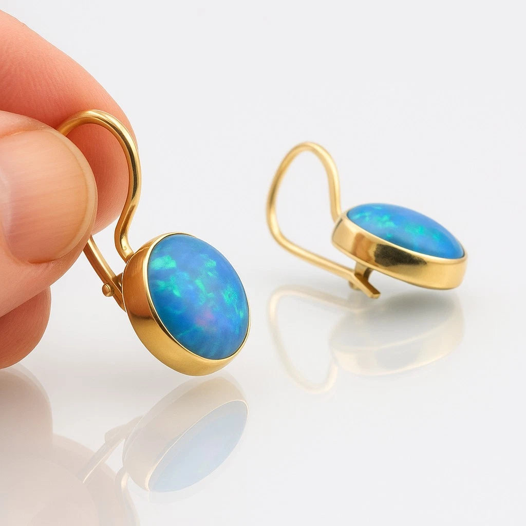 10mm Opal Earrings Classy 9k Yellow Gold Dangle Handmade Hadar Designers (I e78)